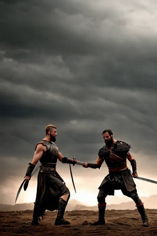 Image similar to cinematic action shot of joe biden as leonidas sword fighting in 3 0 0 movie, 8 k, epic moody sky, dramatic lighting