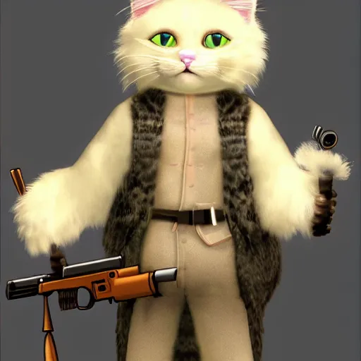 Image similar to fluffy anthropomorphic cat with lots of guns