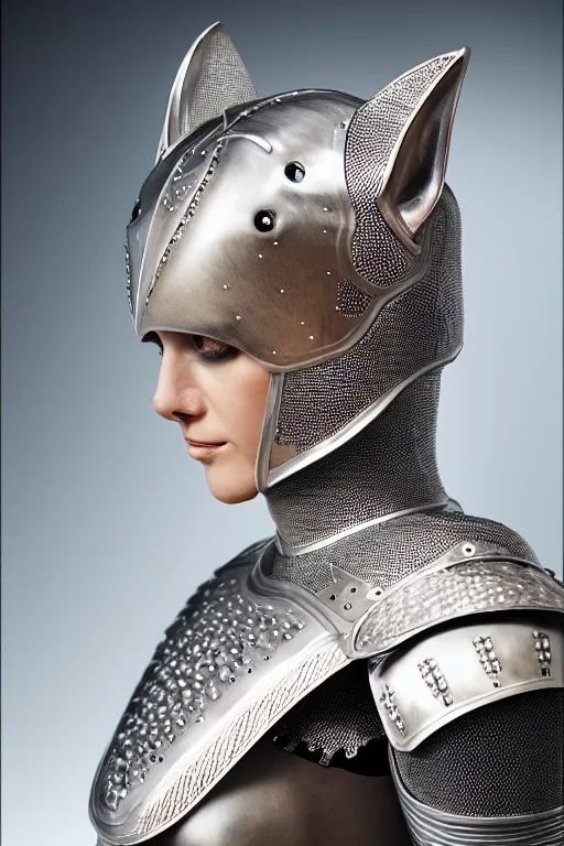 Image similar to female knight wearing a real cat on her head, armor designed by wayne barlowe, swarovski and tiffany, blonde hair, symmetry, sci - fi, cinematic, elegant, luxury, perfect light, perfect composition, dlsr photography, sharp focus, dark fantasy, 4 k, ultra hd, sense of awe, highly detailed, realistic, intricate