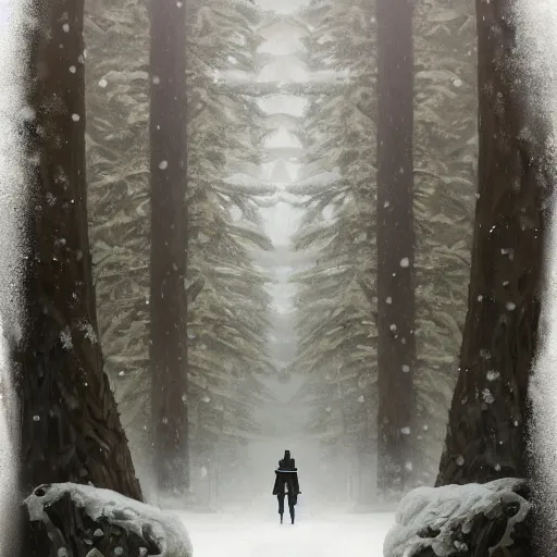 Image similar to beautiful snow - covered korean young man posing on road in park with pines, dressed in leather coat, half - length portrait, perfect symmetrical eyes, cinematic by peter mohrbacher, detailed, hyperrealism