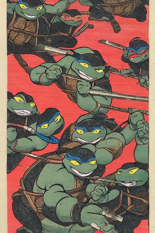 Prompt: Four Teenage Mutant Ninja Turtles, Japanese ukiyo-e ukiyo-ye woodblock print, by Moronobu