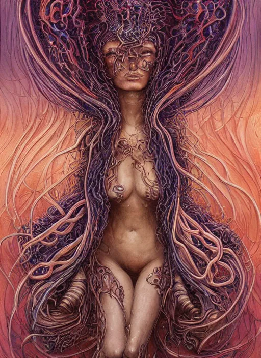 Image similar to beautiful psychedelic goddess enrobed in tentacles in the style of peter gric