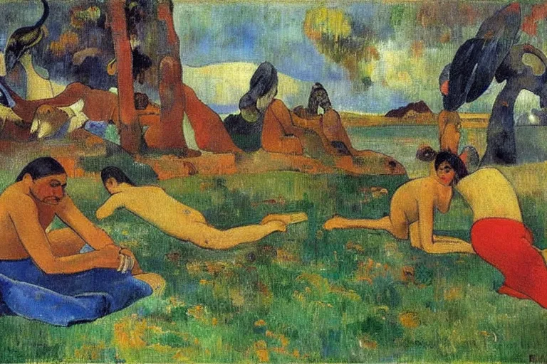 Image similar to there is another world very close to ours that we don't perceive directly, but they do interact sometimes. painting by paul gauguin ( 1 9 0 0 )
