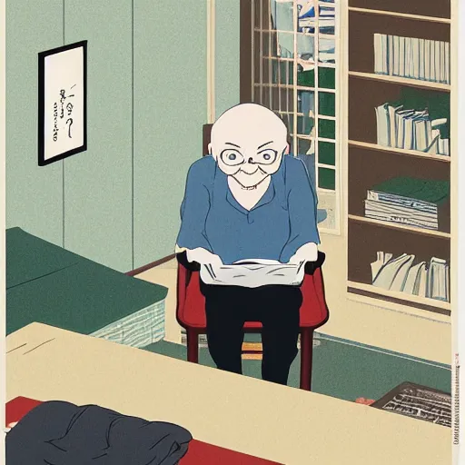 Prompt: old balding japanese man with white shirt, sitting on a chair and reading newspaper while looking at the ceiling of his room by studio ghibli, fujita goro, atey ghailan, tom whalen, jean giraud