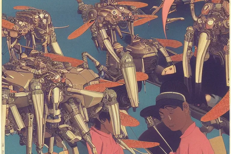 Image similar to gigantic dragonflies with human faces catch tiny robots, a lot of exotic mechas robots around, human heads everywhere, risograph by kawase hasui, dirtyrobot, edward hopper, satoshi kon and moebius, colorful flat surreal design, super - detailed, a lot of tiny details, fullshot