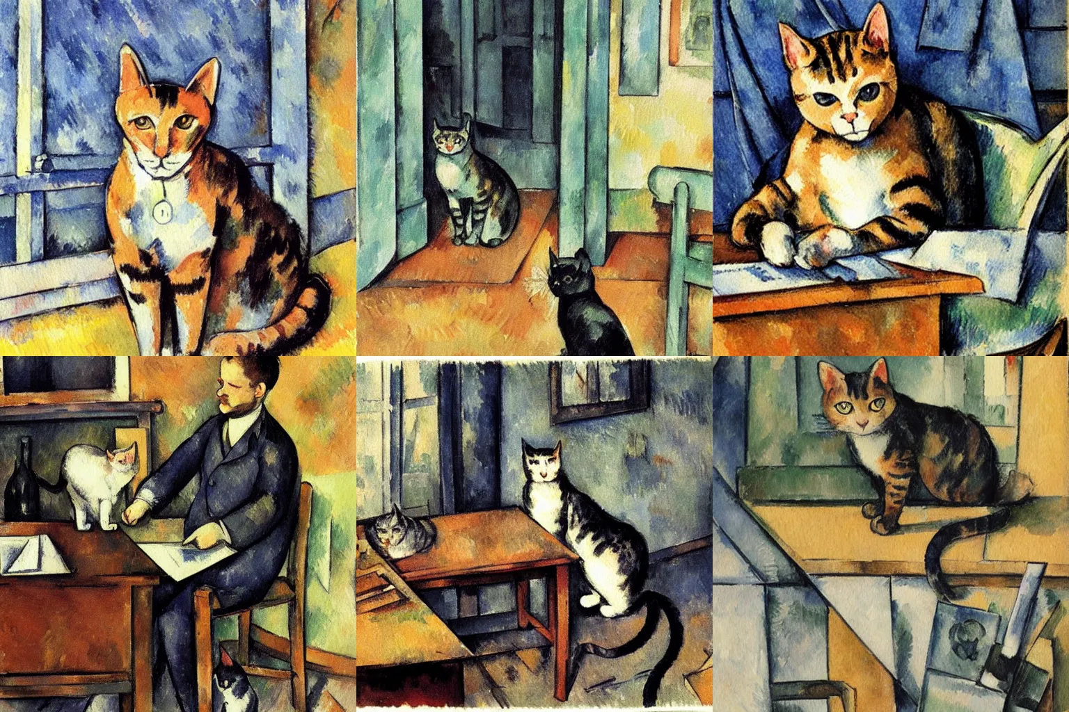 Prompt: the cat was the only reason the accounting department functioned at all, watercolors, illustration, kid lit, art by Paul Cézanne