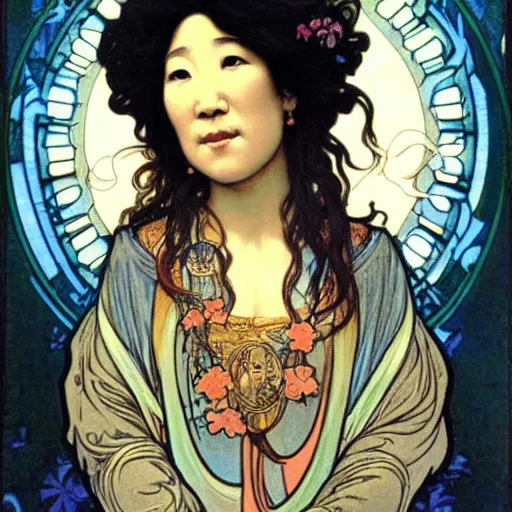 Image similar to sandra oh portrait by louis - theophile hingre and alphonse mucha, realistic, sharp focus, zodiac signs, tarot cards, planets, ethereal, art nouveau, magic, moon, sun, crown, dreamy, royal, jewellery