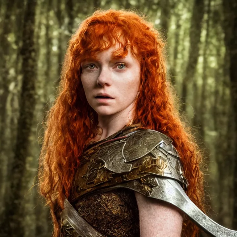 Image similar to 5 5 mm portrait photo of an armored handsome well - built female warrior, red hair, ginger hair, in a magical forest in the style of lord of the rings, highly detailed 8 k. intricate. lifelike. soft light. nikon d 8 5 0. cinematic post - processing