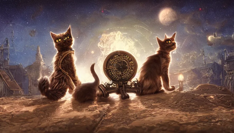 Image similar to steampunk cat and steampunk dog looking at the stars at night, stardusts, back view, hyperdetailed, artstation, cgsociety, 8 k