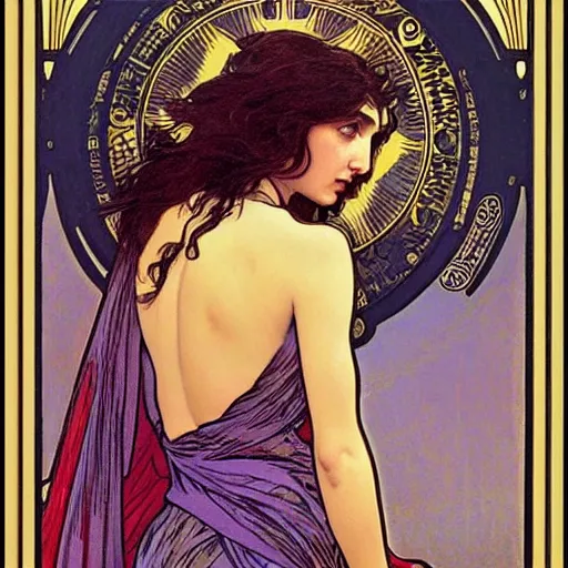 Image similar to gal gadot portrait by louis - theophile hingre and alphonse mucha, realistic, sharp focus, zodiac signs, tarot cards, planets, ethereal, art nouveau, magic, moon, sun, crown, dreamy, royal, jewellery