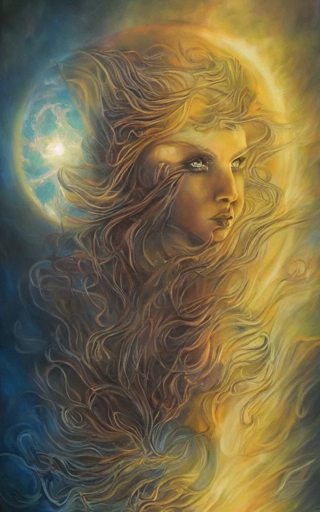 Prompt: iridescent spirit of wrath and beauty cruel beautiful spirit with golden eyes lunar mythos ambient fog, award winning oil painting, lunar color palette