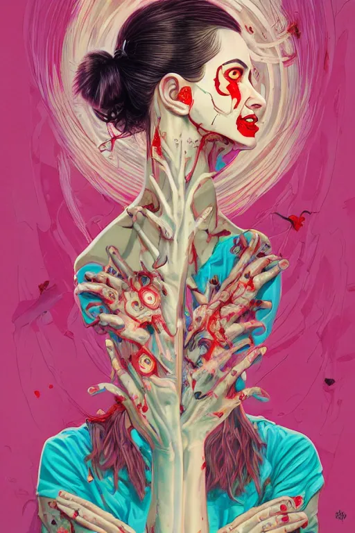 Prompt: a half girl half zombie smiling, Tristan Eaton, victo ngai, artgerm, RHADS, ross draws