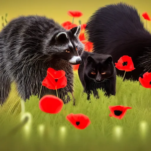 Prompt: a closeup photorealistic photograph of a two different black adult cats sitting on 4 paws next to big a black and white adult racoon in a field of poppy with a red sunset in the background. This 4K HD image is Trending on Artstation, featured on Behance, well-rendered, extra crisp, features intricate detail and the style of Unreal Engine.