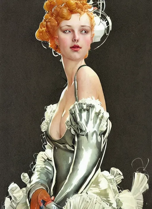 Prompt: a copic maker art nouveau portrait of a real russian model girl detailed features wearing a puffy futuristic weeding dress and a latex suit designed by balenciaga by john berkey, norman rockwell akihiko yoshida