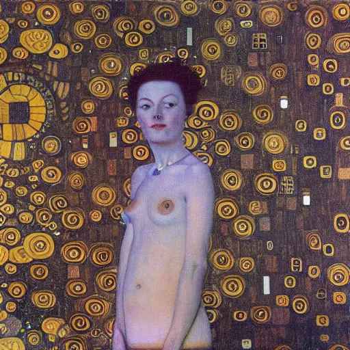 Image similar to woman looking out of a porthole window in a gigantic detailed ufo flying over a town painting by gustav klimt