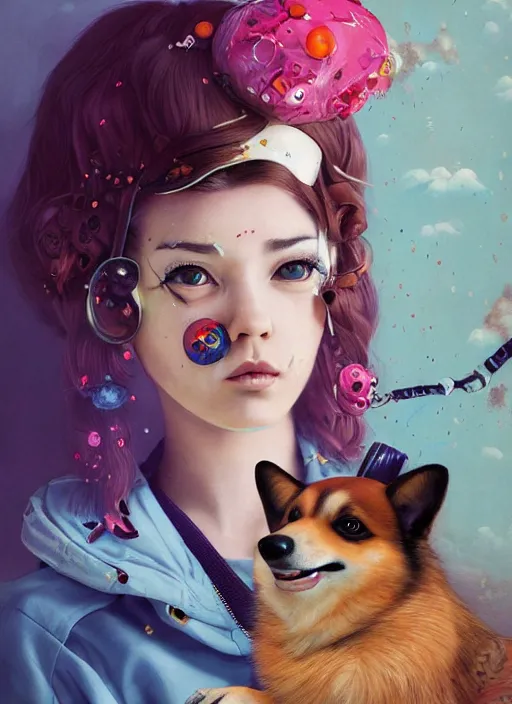 Prompt: beautiful portrait painting of a cute Finland lofi cyberpunk princess and her corgi assassin king, by Afarin Sajedi, Alessandro Barbucci, Alex Gross, Shin Jeongho, Shohei Otomo. trending on Artstation, 8k, masterpiece, face enhance, graffiti paint, fine detail, full of color, intricate detail, golden ratio illustration