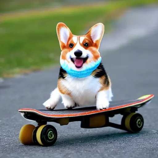 Image similar to corgi on a skateboard, cute, happy, realistic