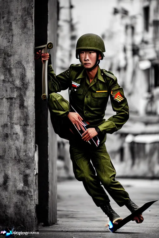 Image similar to vietnam soldier with skateboard, photography, hyperrealistic, vogue magazine photo style, dynamic composition, intricate, comfort posse, smooth, sharp focus, captured by nikon d 8 5 0, 4 k, full body.