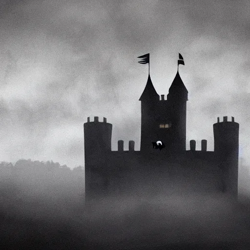 Prompt: a dark vallcy with a huge gloomy castle, fog. a little boy and a black cat