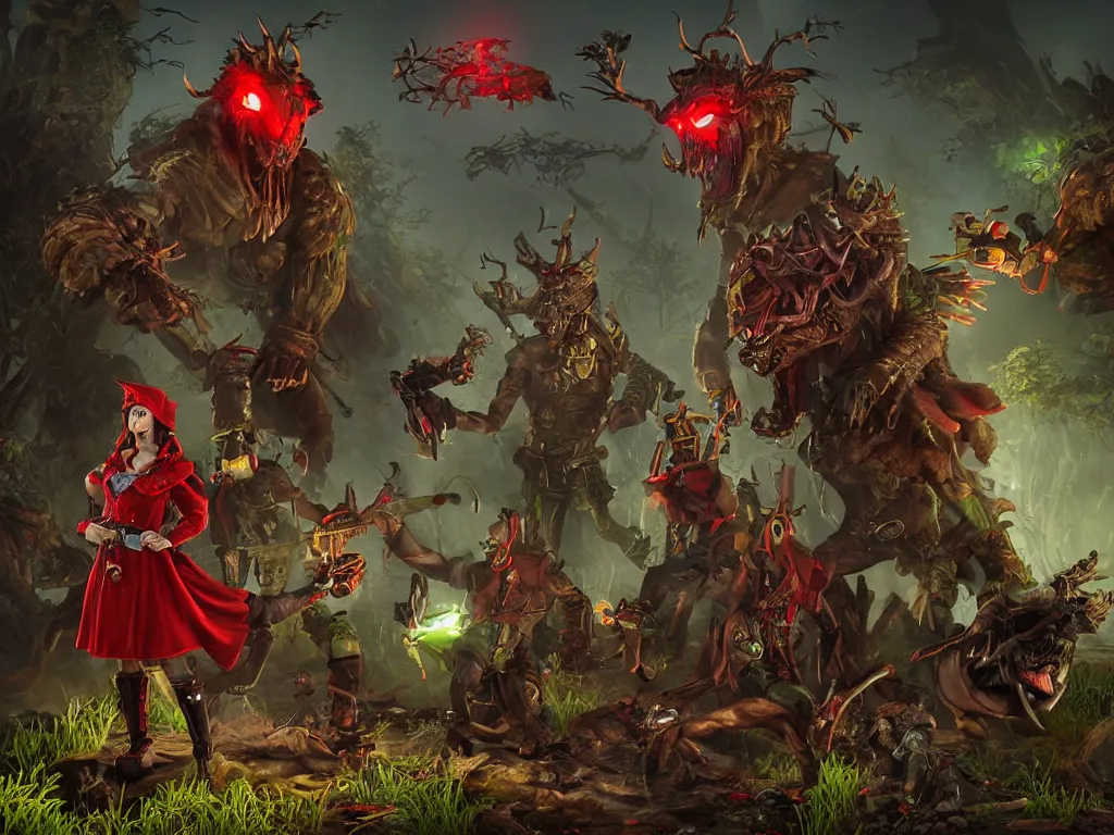 Image similar to red ridding hood and a troop of gamekeepers hunting on mystical monsters in forest. all wearing a steampunk and neonpunk mechanical fluorescent mystical animal masks. realistic fornite style. full body. product introduction photos. luminescent, elements, by stanley artgerm lau. epic cinematic shot, perfectly defined features, ambient occlusion