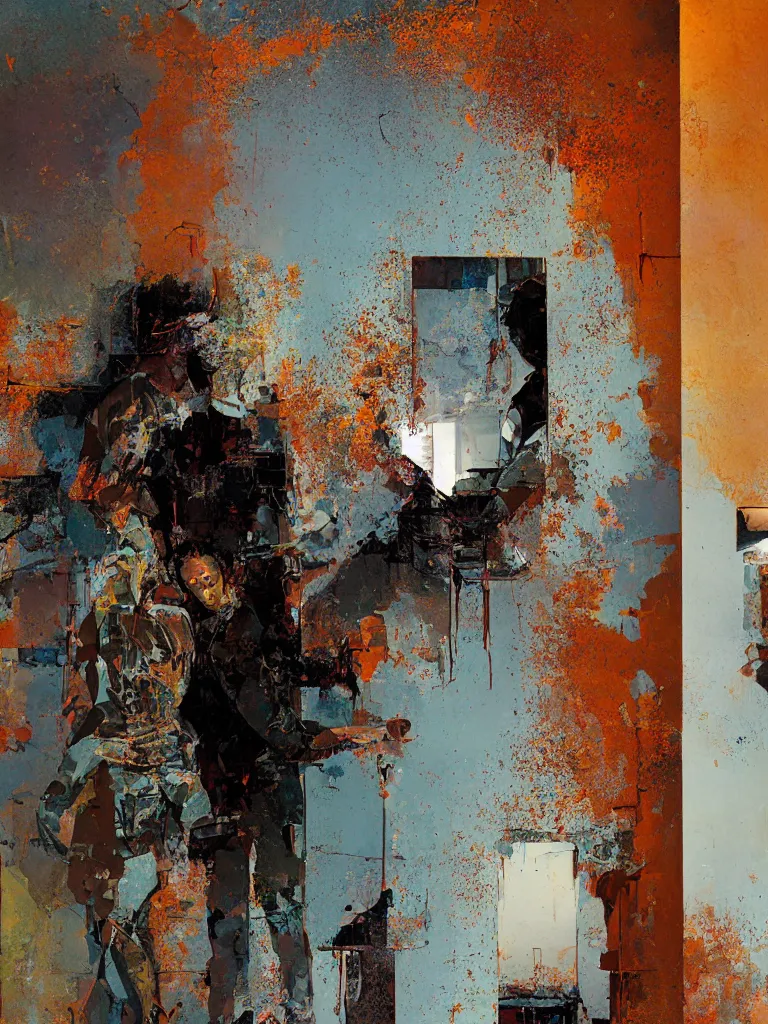 Prompt: a beautiful painting by nick runge of a couple in front of a mirror in a glitched bathroom, metal rust and plaster materials, pixel sorting, color bleeding, brushstrokes by jeremy mann