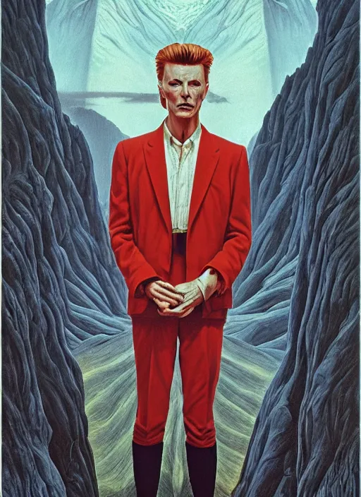 Image similar to twin peaks poster art, portrait of david bowie stands before the labyrinth, his fate for the next two years, by michael whelan, rossetti bouguereau, artgerm, retro, nostalgic, old fashioned