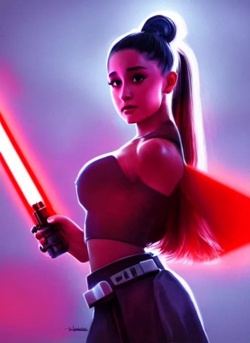 Prompt: Photo of Ariana Grande with a red light saber, Star Wars concept art, trending on artstation, dramatic lighting, photo-realistic