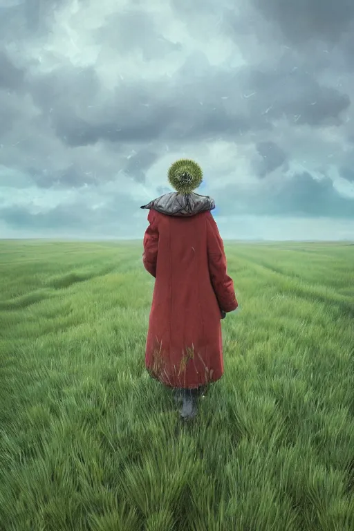 Prompt: portrait, enormous thistle flower head, girl wearing a coat in a field, surreal photography, wind, cloudy sky, dramatic light, impressionist painting, digital painting, artstation, simon stalenhag