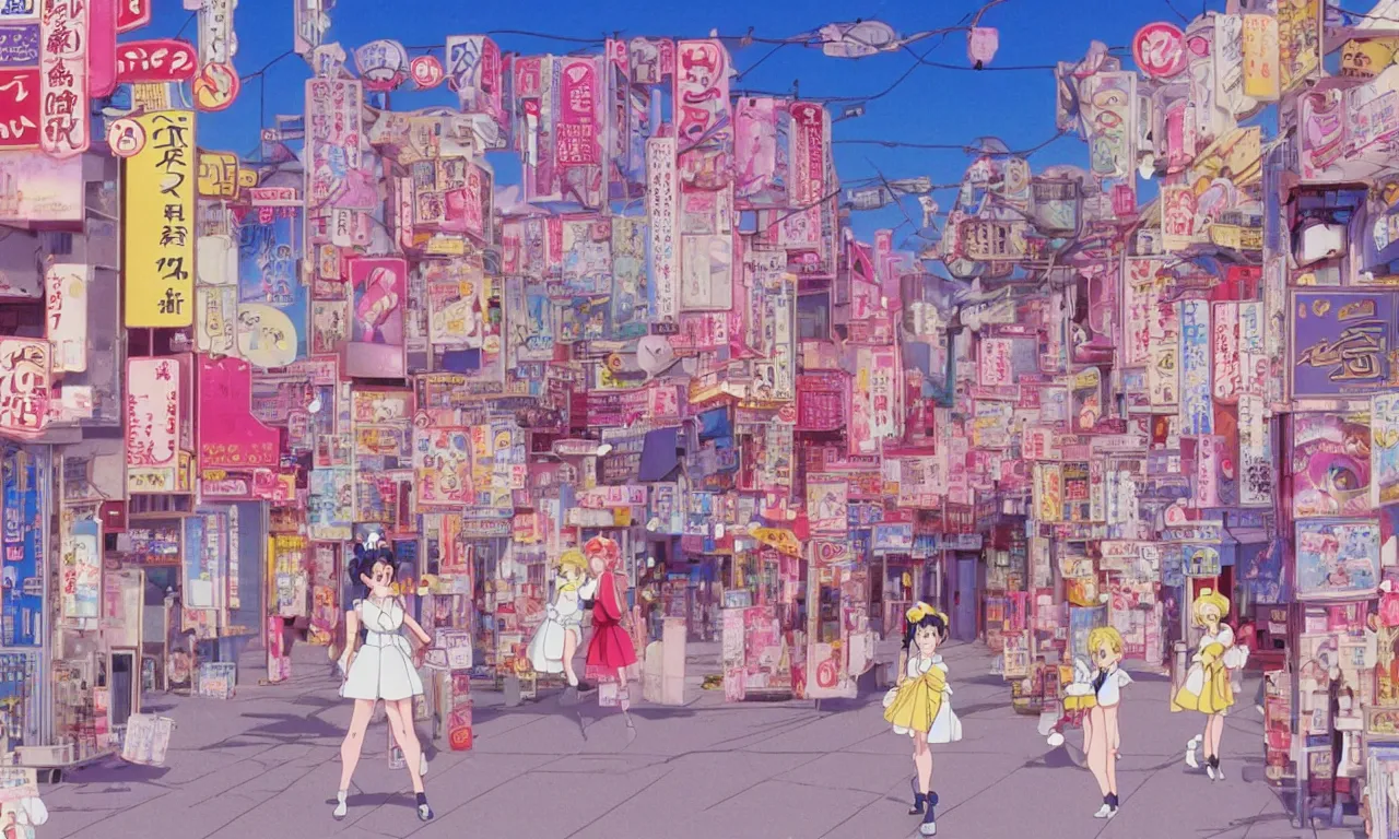 Prompt: A film still from a 1990s Sailor Moon cartoon of a dreamy cute stree in Japan, by Studio Ghibili