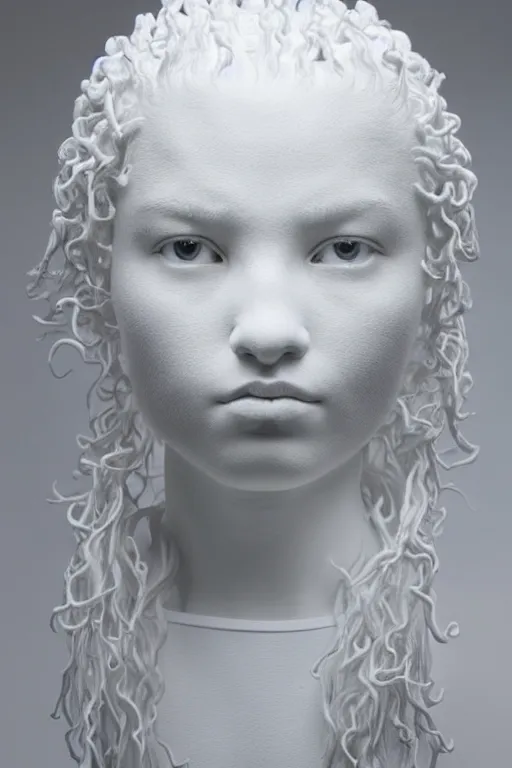 Image similar to full head and shoulders, beautiful female porcelain sculpture by daniel arsham and james jean, smooth, all white features on a white background, real reflective hair made from solid gold twisted on top of head, delicate facial features, white eyes, white lashes