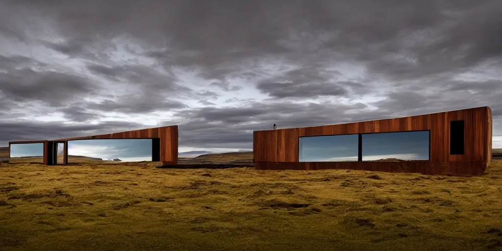 Prompt: futuristic architect house made from deconstucted wood and mirrors, iceland landscape photography, by lurie belegurschi and gunnar freyr