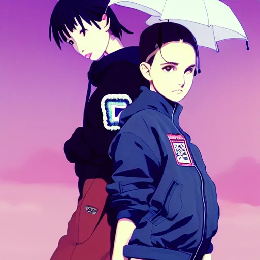 Image similar to a beautiful boyish natalie portman gravure model, wearing oversized mayan bomber jacket and leotard with overalls, bulky poofy bomber jacket with mesoamerican patterns, mesoamerican street fashion, gapmoe yandere grimdark, trending on pixiv fanbox, painted by greg rutkowski makoto shinkai takashi takeuchi studio ghibli, akihiko yoshida