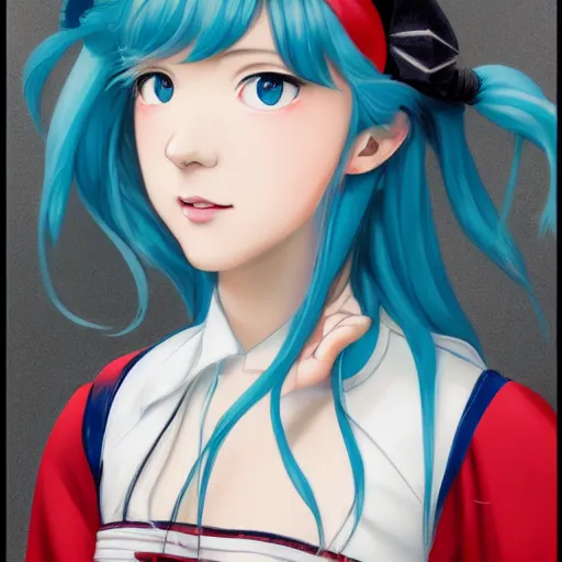 Prompt: a portrait of the young lady hatsune miku of the house lancaster, blue eyes, blue hair, porcelain skin, national portrait gallery