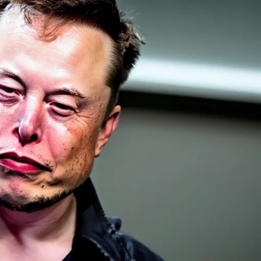 Prompt: professional photo of elon musk sobbing with wet tears on his cheeks, stunning, 4 k