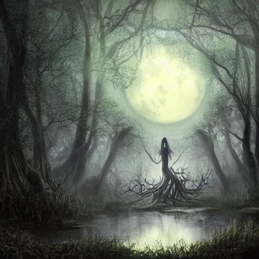 Image similar to highly realistic scenic painting of a towering misty dark fantasy forest surrounding a pond, a rusalka sits on the roots of an ancient tree looking up at the moon, spooky fog, scary forest, fantasy painting hd