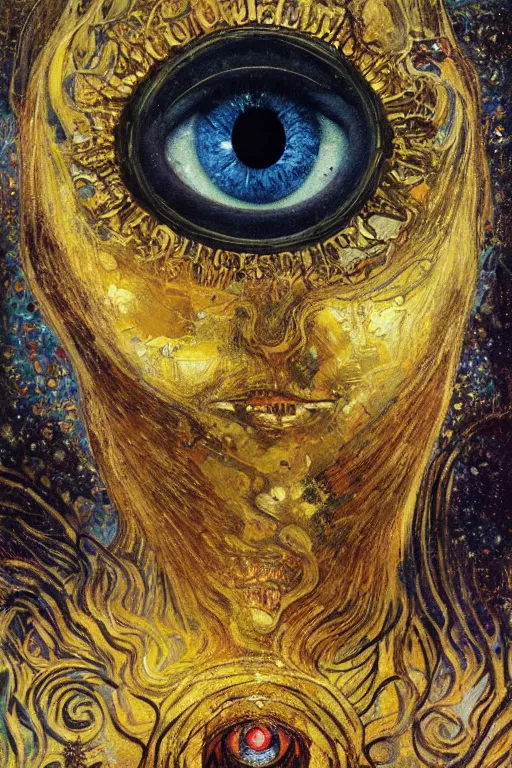 Prompt: The Lost Souvenir by Karol Bak, Jean Deville, Gustav Klimt, and Vincent Van Gogh, mystic eye, otherworldly, vintage well-worn postcard, scenic landscape, fractal structures, arcane, inferno, inscribed runes, infernal relics, ornate gilded medieval icon, third eye, spirals, rich deep moody colors