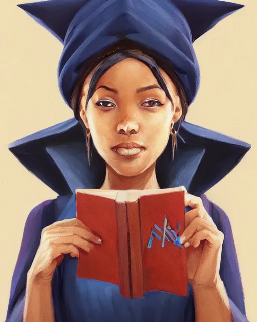Prompt: a female dnd wizard's portrait by ray swanland and rhads, black, african, blue robes, papers and tomes
