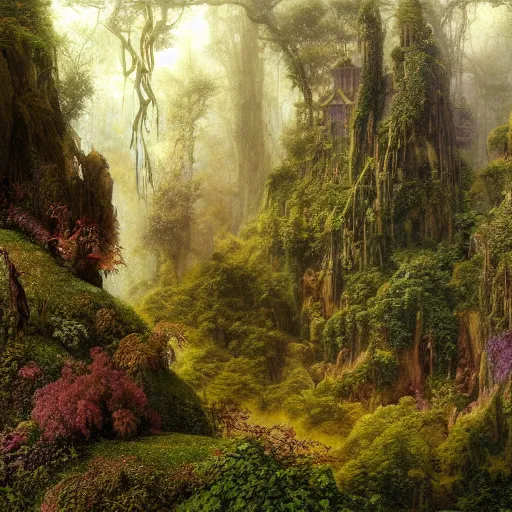 Image similar to a beautiful and highly detailed matte painting of a magical garden of delights in a mystical forest in a dream like valley deep in the misty mountains of avalon, intricate details, epic scale, insanely complex, 8 k, sharp focus, hyperrealism, very realistic, by caspar friedrich, albert bierstadt, james gurney, brian froud,