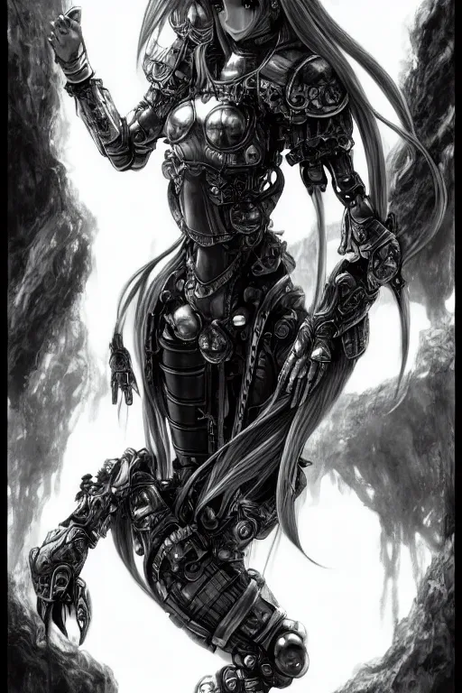 Image similar to a vertical portrait of a character in a scenic environment by Yoshitaka Amano, black and white, dreamy, cybernetic plate armor, wavy long black hair, highly detailed