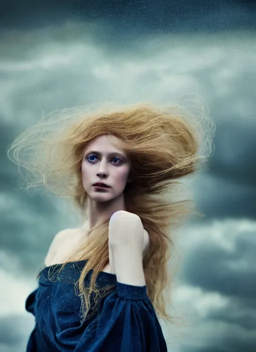 Image similar to cinestill 5 0 d photo of a pre - raphaelite blond beautiful woman, dreamy, hair floating in air in style of paolo roversi, 1 5 0 mm, f 1. 2, emotionally evoking, head in focus, stormy wet clouds outdoor, matt dreamy colour background, volumetric lighting, hyper realistic, ultra detailed