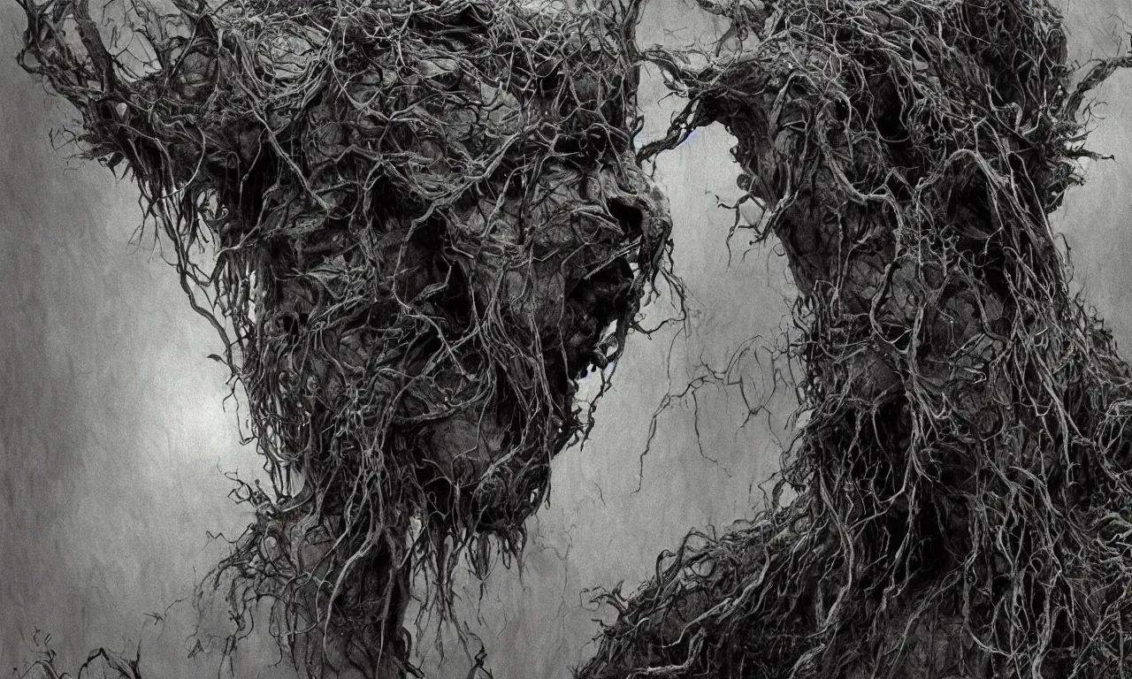 Image similar to swamp thing, upward angle, dramatic low lighting, by bill sienkiewicz, kyle hotz and stephen gammell, extremely hyperdetailed, photorealism, 4 k, 8 mm, octane