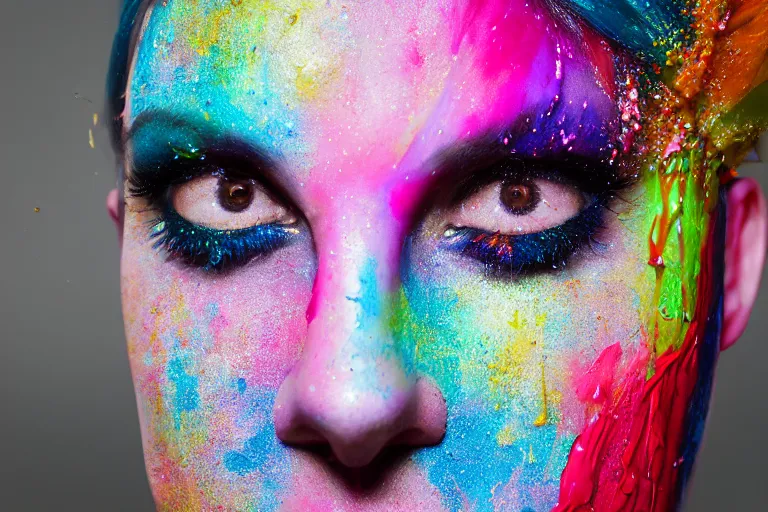 Image similar to a highly detailed cinematic headshot portrait photograph of a woman with a liquid paint headdress, with rainbow paint splash, melting smoothly into other faces, liquid, ultra realistic, beautiful rim lighting, by richard avedon and annie leibovitz and arnold newman, photorealistic, hyperrealistic, octane, high speed camera, zeiss lens, sharp focus, paint splash