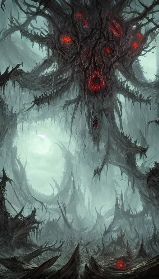 Image similar to a storm vortex made of many demonic eyes and teeth over a forest, by blizzard concept artists