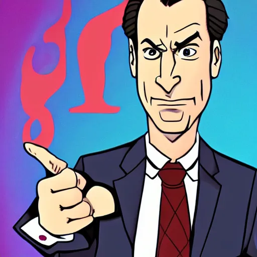 Image similar to saul goodman in the style of pheonix wright, cartoon