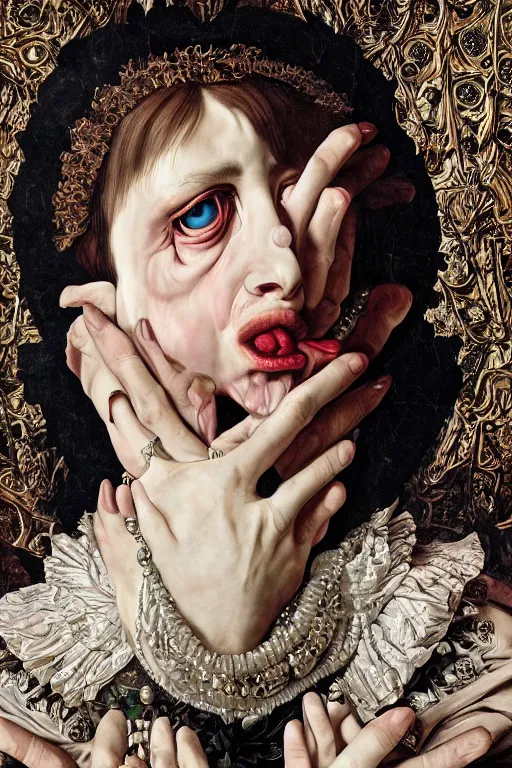 Image similar to Detailed maximalist portrait with large lips and with large white eyes, angry, exasperated expression, extra fleshy hands, high fashion, HD mixed media, 3D collage, highly detailed and intricate, surreal illustration in the style of Caravaggio, dark art, baroque