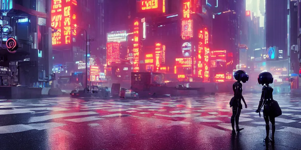 Prompt: a film still from Love, Death and Robots, wide angle lens, sharp, dramatic lighting, futuristic city street level, rain