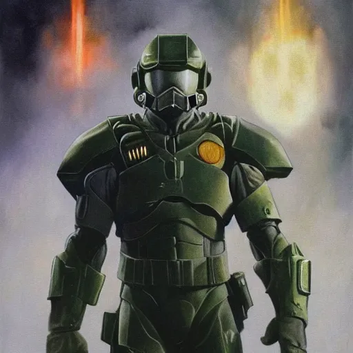 Image similar to ultra realistic portrait painting of ja morant as master chief, art by frank frazetta, 4 k, ultra realistic, highly detailed, epic lighting