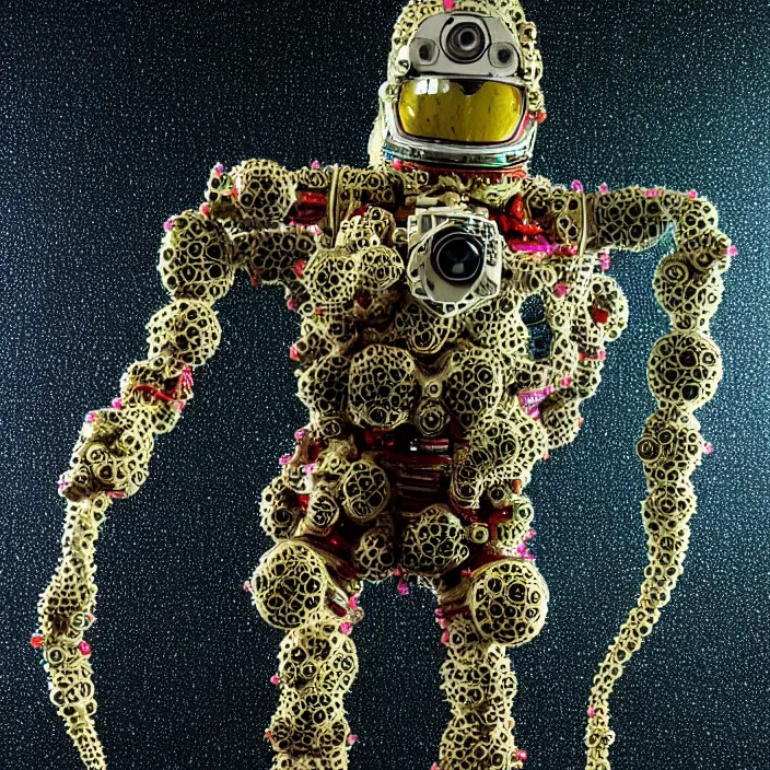 Image similar to a cybernetic symbiosis of a single astronaut mech-organic eva suit made of pearlescent wearing anodized thread knitted shiny ceramic multi colored yarn thread infected with kevlar,ferrofluid drips,carbon fiber,ceramic cracks,gaseous blob materials and diamond 3d fractal lace iridescent bubble 3d skin dotted covered with orb stalks of insectoid compound eye camera lenses orbs floats through the living room, film still from the movie directed by Denis Villeneuve with art direction by Salvador Dalí, wide lens,