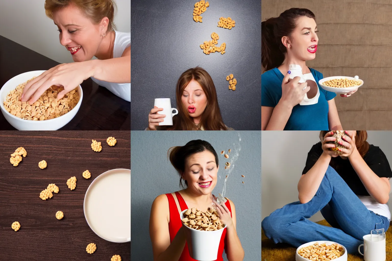 Prompt: stock photo of a woman accidentally spilling cereal and milk