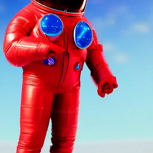 Image similar to a red suit astronaut shaped like a bean with a blue visor render nano cyber 4 k